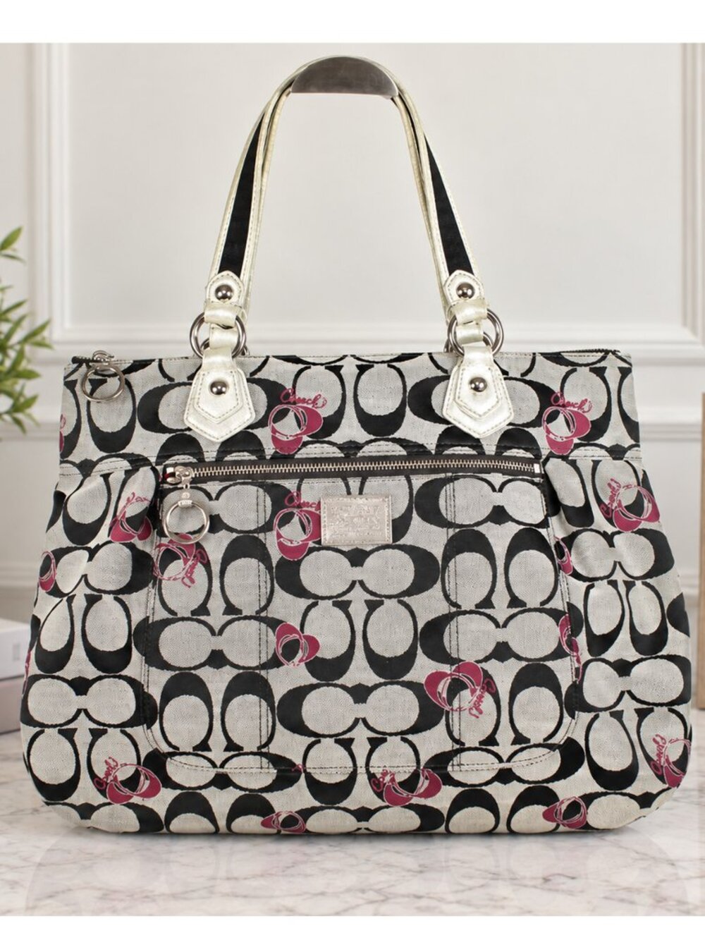 Coach Signature C Large Tote Black White Burgundy Metallic Silver